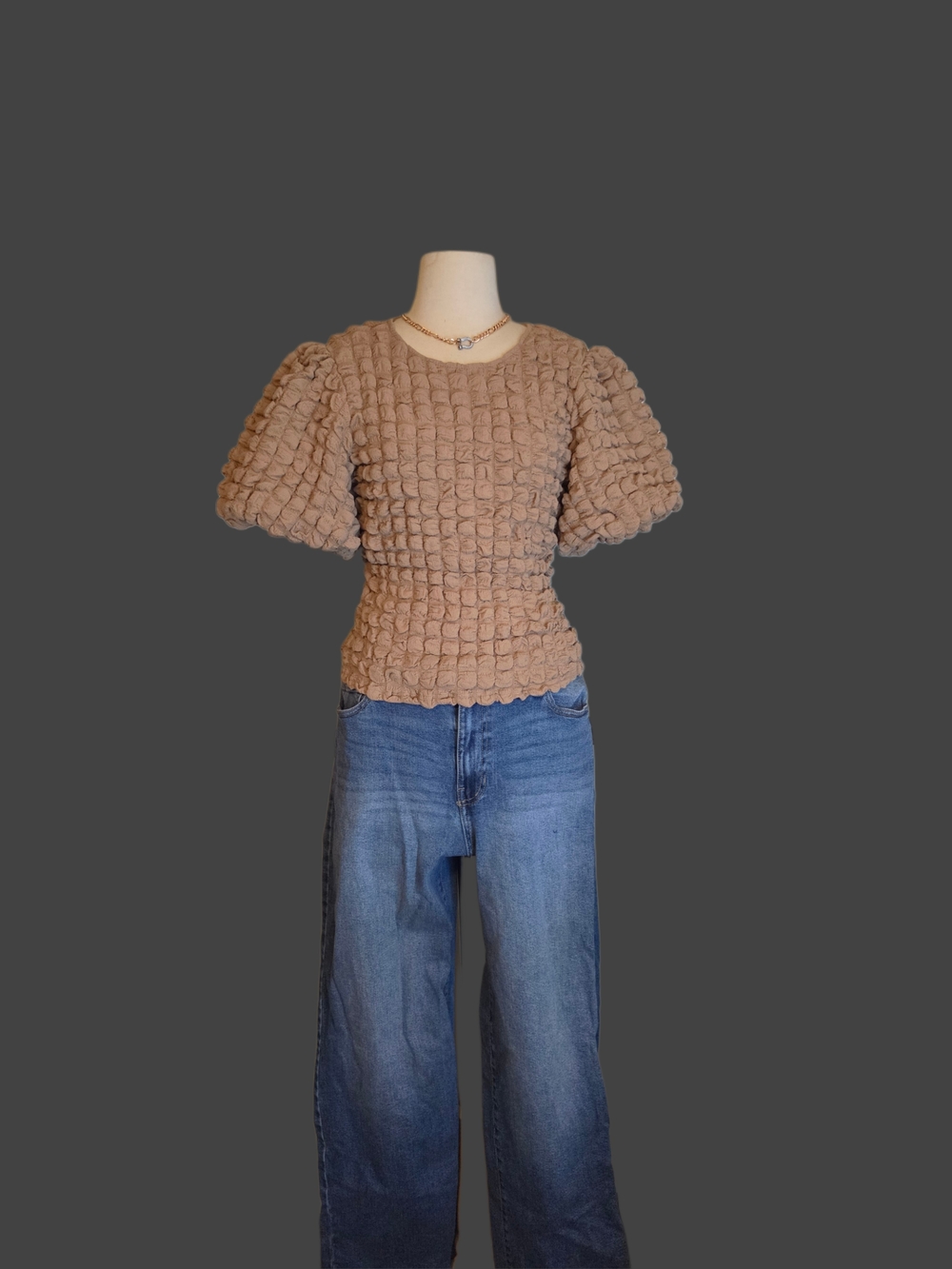 twenty second Textured Puff-Sleeve Knit Top in Camel Brown